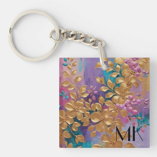 Golden Flowers Painted On Pink Lilac Turquoise Keychain (Front)