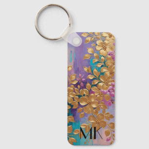 Golden Flowers Painted On Pink Lilac Turquoise Keychain
