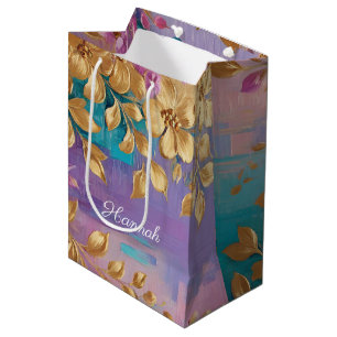 Golden Flowers Painted On Pink Lilac Turquoise Medium Gift Bag