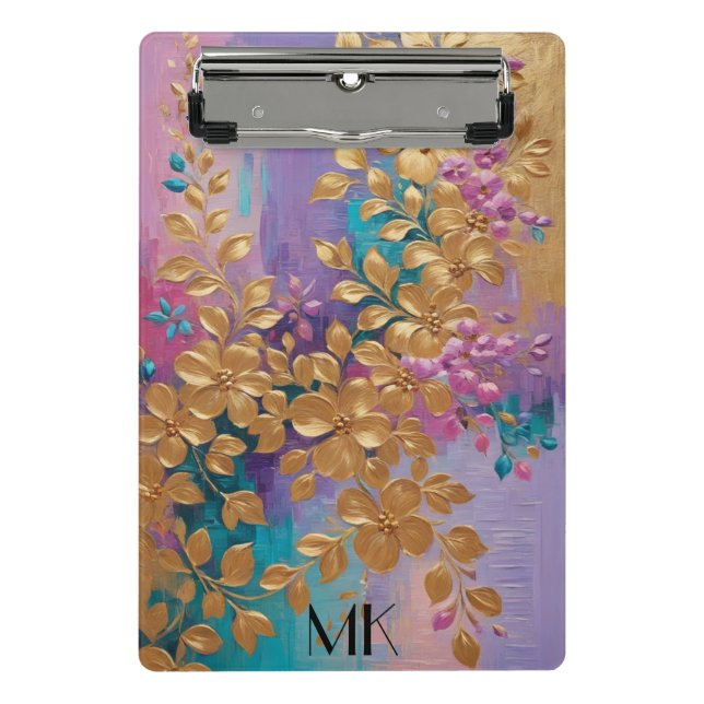 Golden Flowers Painted On Pink Lilac Turquoise Mini Clipboard (Front)
