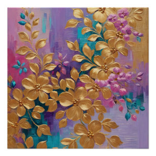 Golden Flowers Painted On Pink Lilac Turquoise Poster