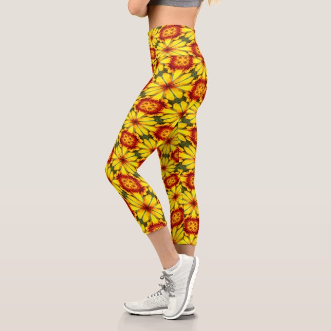 Golden Flowers Pattern Capri Leggings (Left)