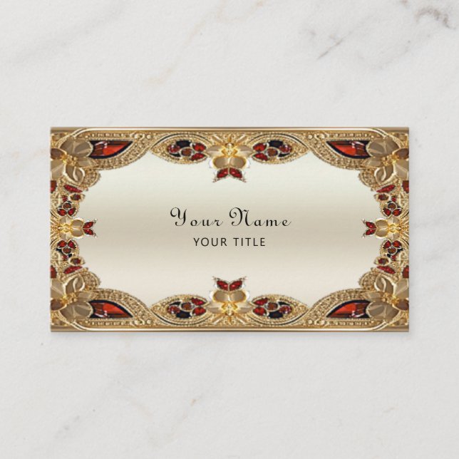 Golden Flowers Red Gemstone Business Card (Front)