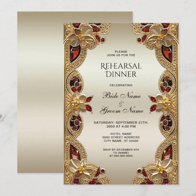 Golden Flowers Red Gemstone Rehearsal Dinner Invitation (Front/Back)