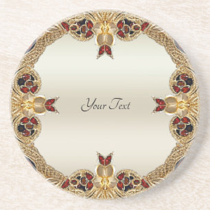 Golden Flowers Red Gemstone Sandstone Coaster
