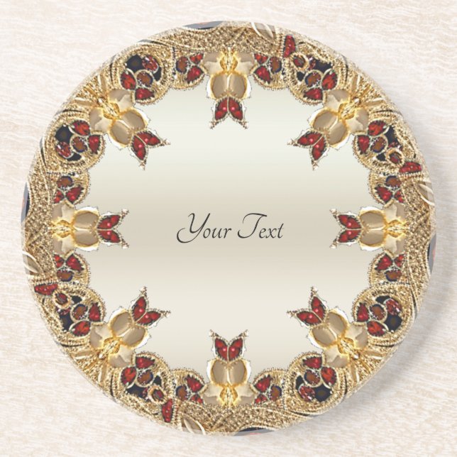 Golden Flowers Red Gemstone Sandstone Coaster (Front)