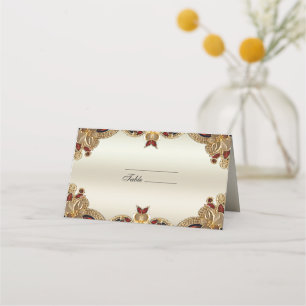 Golden Flowers Red Gemstone Splendour Place Card