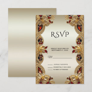 Golden Flowers Red Gemstone Splendour RSVP Card