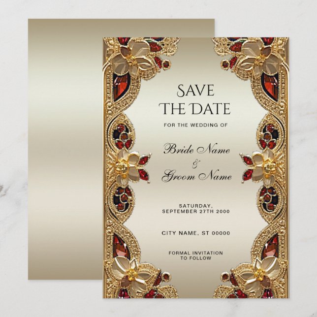 Golden Flowers Red Gemstone Splendour Save The Dat Date (Front/Back)