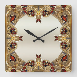 Golden Flowers Red Gemstone Wall Clock