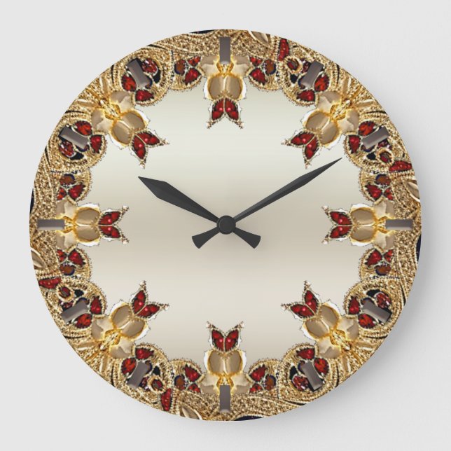 Golden Flowers Red Gemstone Wall Clock (Front)