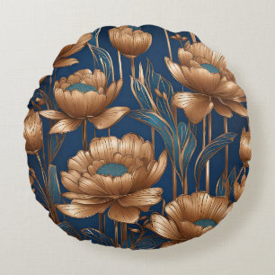 Golden Flowers Round Pillow