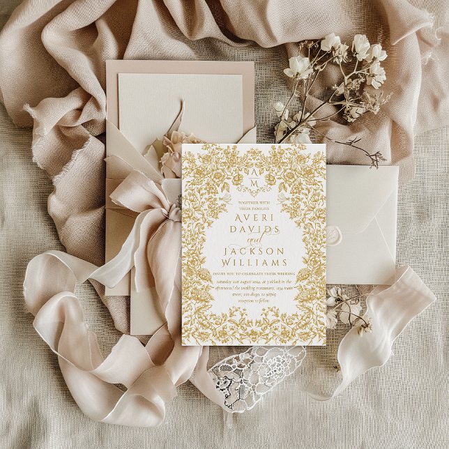 Golden Flowers Vintage Eleganse Monogram Wedding Invitation (Creator Uploaded)