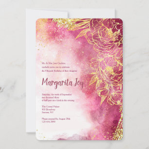 Golden Flowers Watercolor Red Invitation