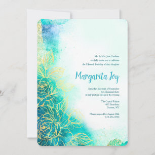 Golden Flowers Watercolor Teal Invitation