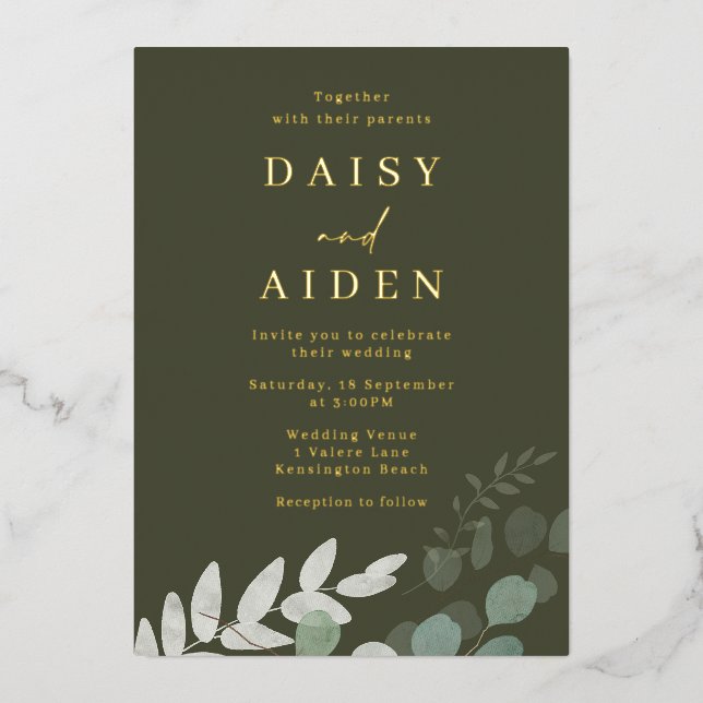 Golden Foil Green Leaf Olive Wedding (Front)