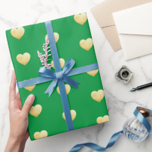 Golden Foil Hearts Pattern on Green Wrapping Paper