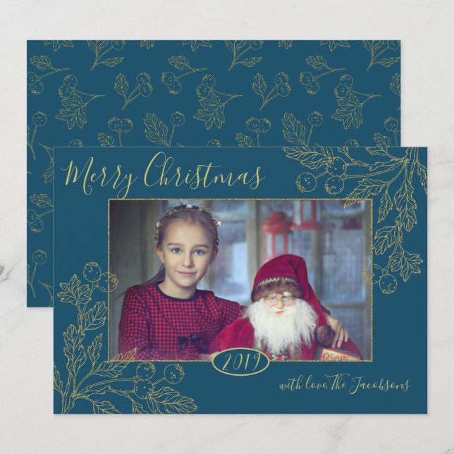 Golden Foil Winter Berries Photo Invitation (Front/Back)