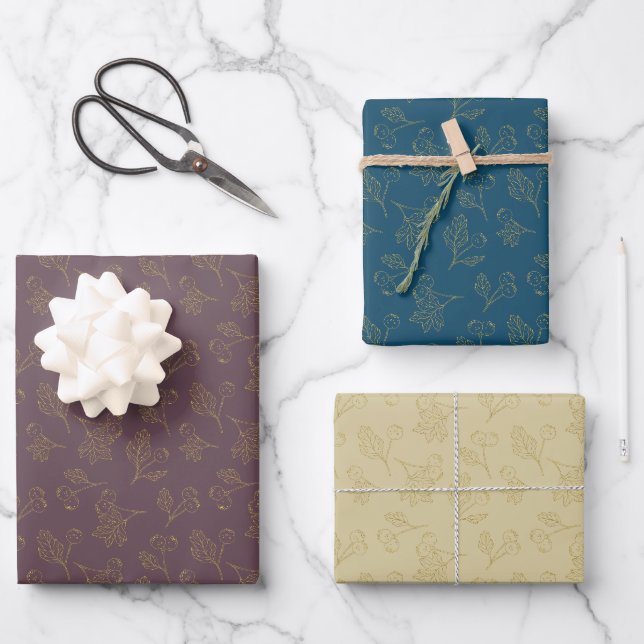 Golden Foil Winter Berries Wrapping Paper Sheet (Front)