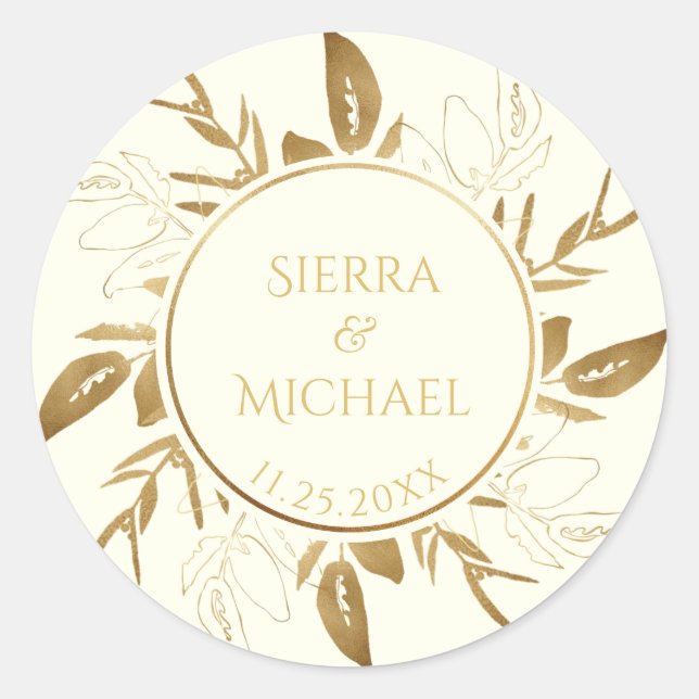 Golden Foliage | Elegant Gold Ivory White Wedding Classic Round Sticker (Front)
