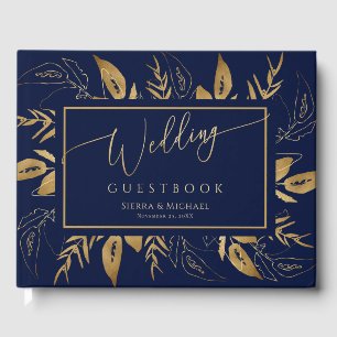 Golden Foliage   Elegant Gold Navy Blue Wedding Guest Book