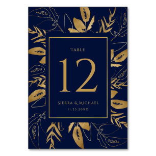 Golden Foliage Elegant Gold Navy Blue Wedding Table Number