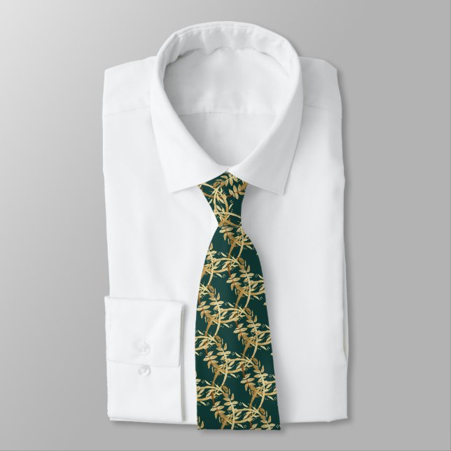 Golden Foliage Wreath Emerald Green Wedding Tie (Tied)