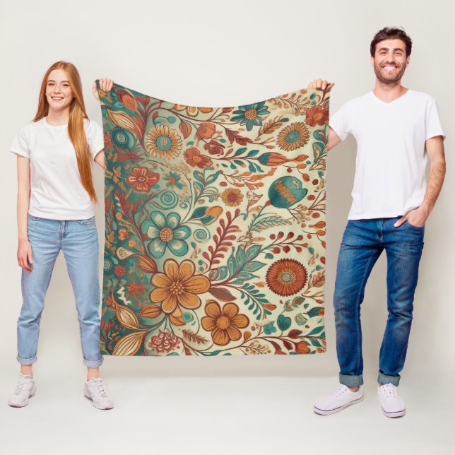Golden Folk Art Tapestry Fleect Blanket (In Situ)