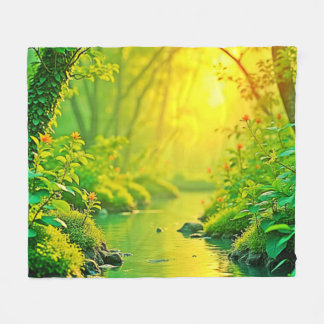 Golden Forest Stream Peaceful Art Fleece Blanket