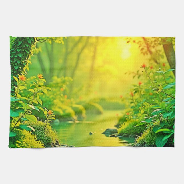 Golden Forest Stream Peaceful Art Kitchen Towel (Horizontal)