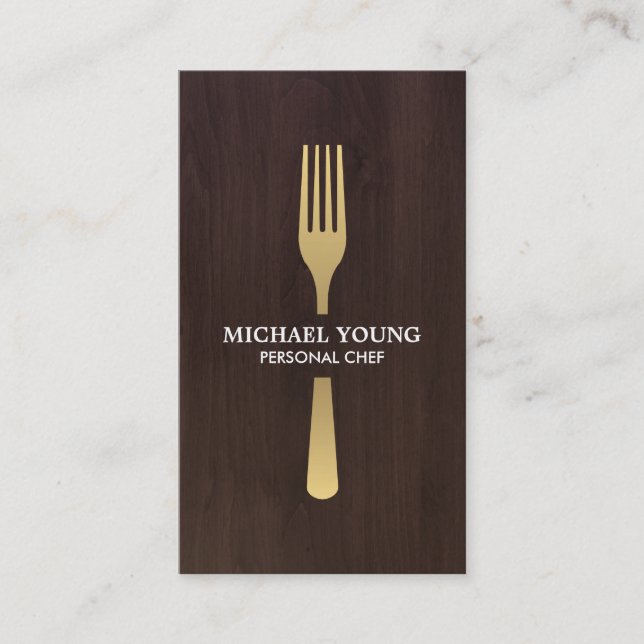 GOLDEN FORK on Dark Wood Chef, Catering Business Card (Front)