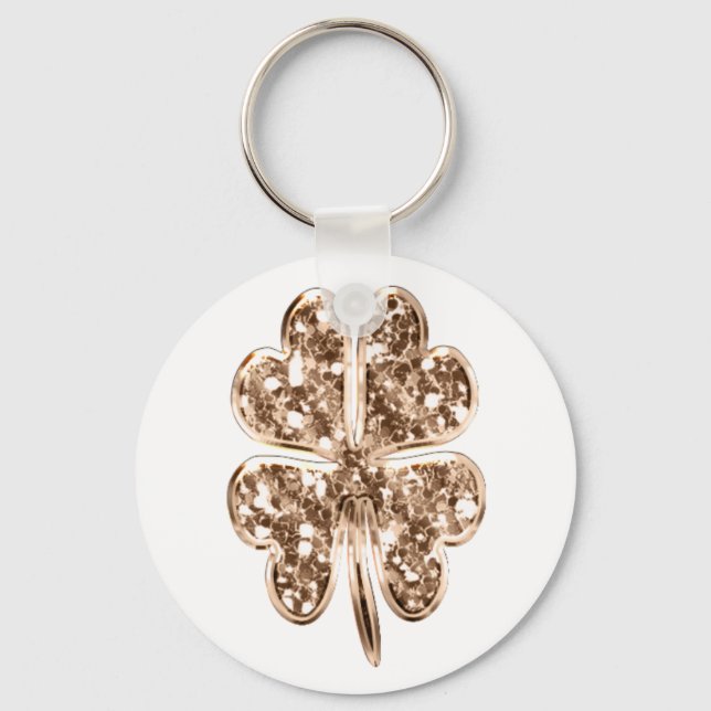 Golden Four Leaf Clover Faux Gold Good Luck Wish Keychain (Front)