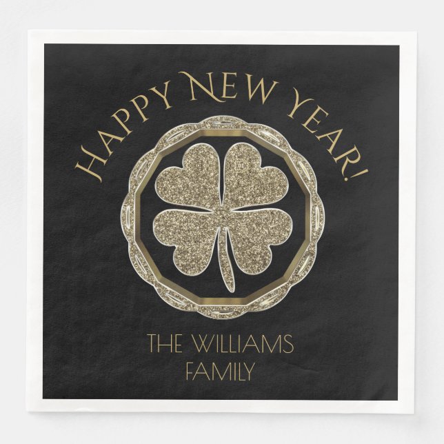 Golden Four Leaf Clover Happy New Year Good Luck Napkin (Front)