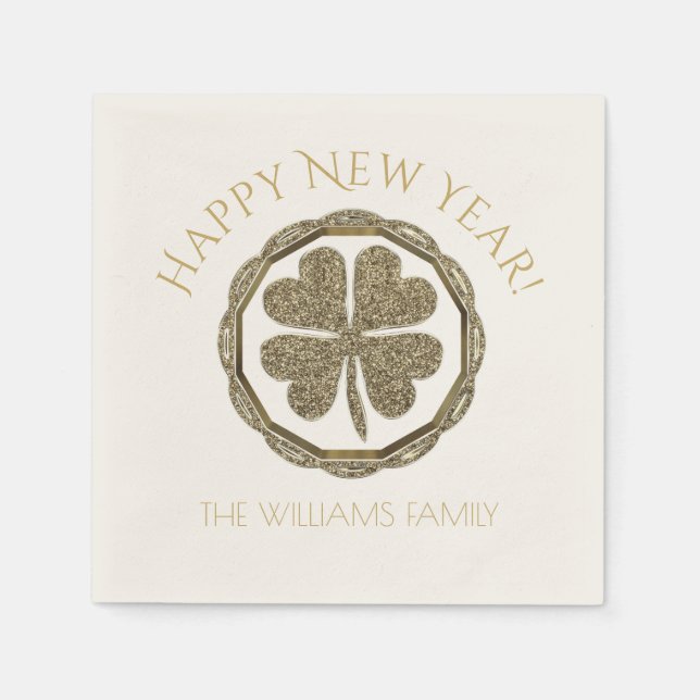 Golden Four Leaf Clover Happy New Year Good Luck Napkin (Front)