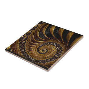 Golden Fractal Black and Gold Ceramic Tile