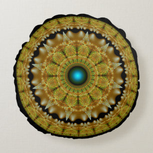 Golden fractal bright ornament mandala round pillow