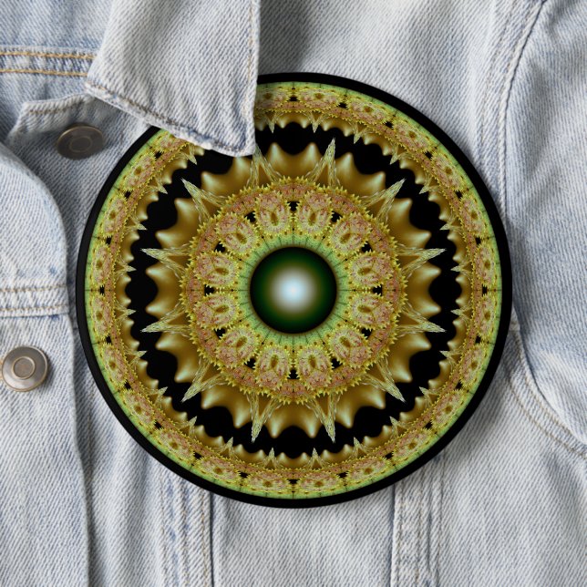 Golden fractal round mandala 6 inch round button (In Situ)