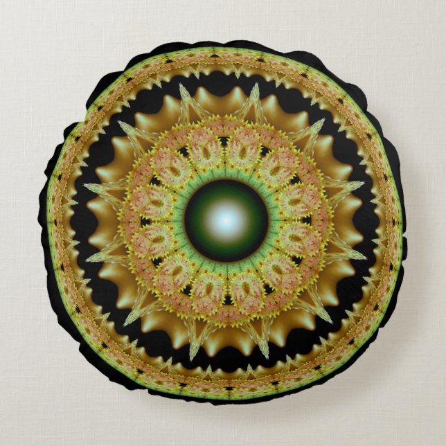 Golden fractal round mandala pillow (Front)