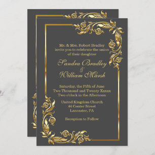 Golden Frame Elegant Charcoal Grey  w/ Gold Print Invitation