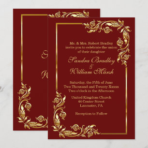 Golden Frame Elegant Dark Red w/ Gold Print Invitation