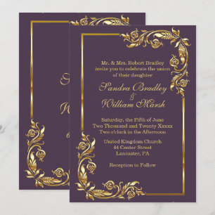 Golden Frame Elegant Eggplant w/ Gold Print Invitation