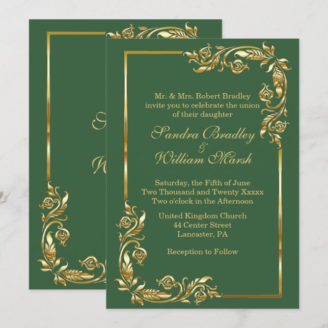 Golden Frame Elegant Hunter Green w/ Gold Print Invitation (Front/Back)