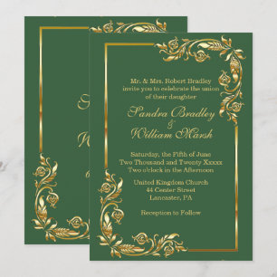 Golden Frame Elegant Hunter Green w/ Gold Print Invitation