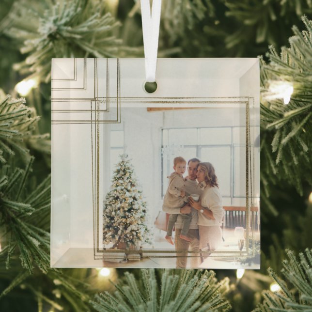 Golden Frame Photo Christmas Personalized Glass Ornament (Insitu)