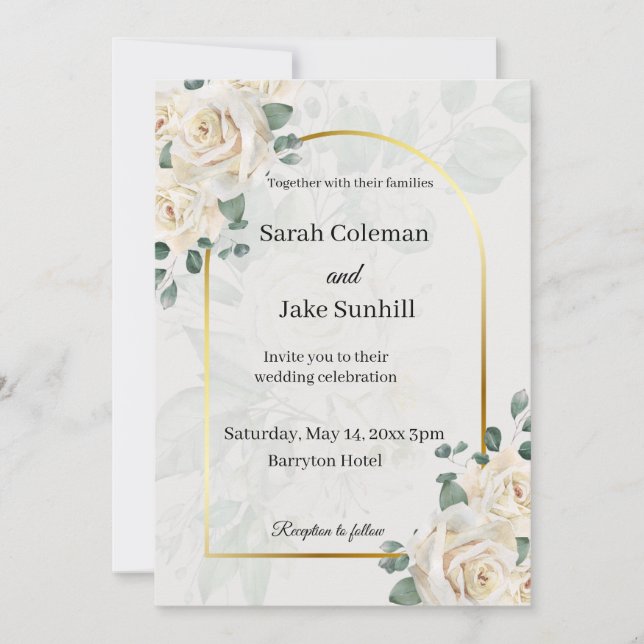 Golden frame roses wedding invitation (Front)
