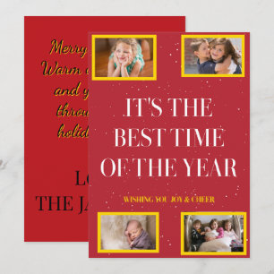Golden Frame Snowy Red Christmas Cheer Holiday Card