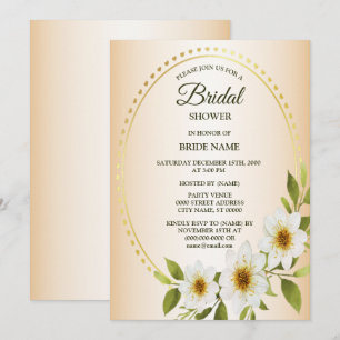 Golden Frame White Floral Peach Bridal Shower Invitation