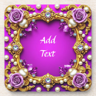 Golden Frame With Elegant Roses and Pearls Coaster