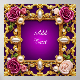 Golden Frame With Elegant Roses and Pearls Poster