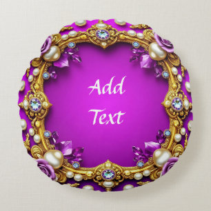 Golden Frame With Elegant Roses and Pearls Round Pillow